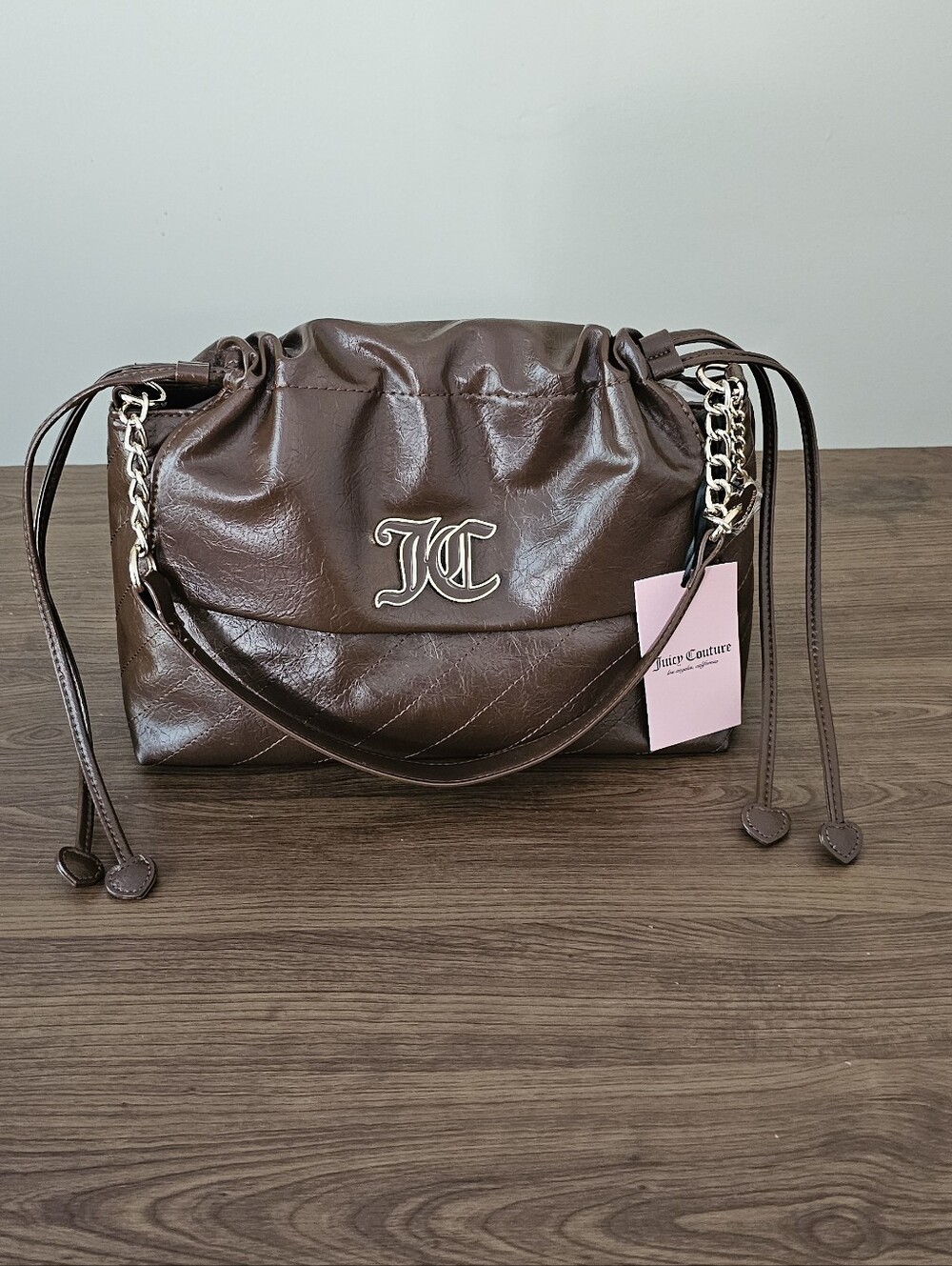 Juicy Couture Brown Y2K Slouchy Shoulder Bag Chain Strap Drawstring Handbag
